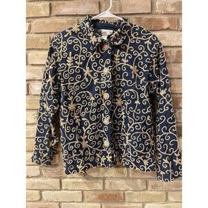 Coldwater Creek Jacket Blue Beige Textured Button Front L Y2K Boho Western